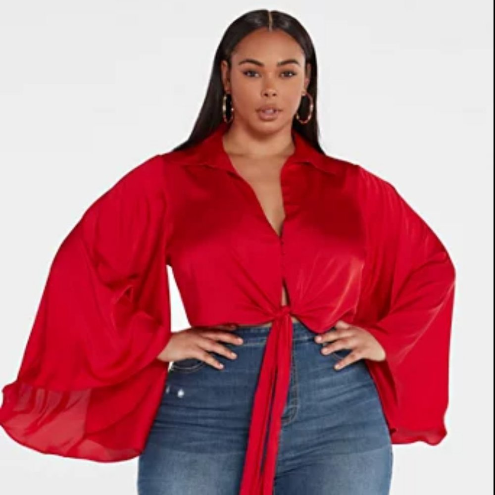 FTF ROSALIE SATIN BLOUSE WITH DRAMA SLEEVES